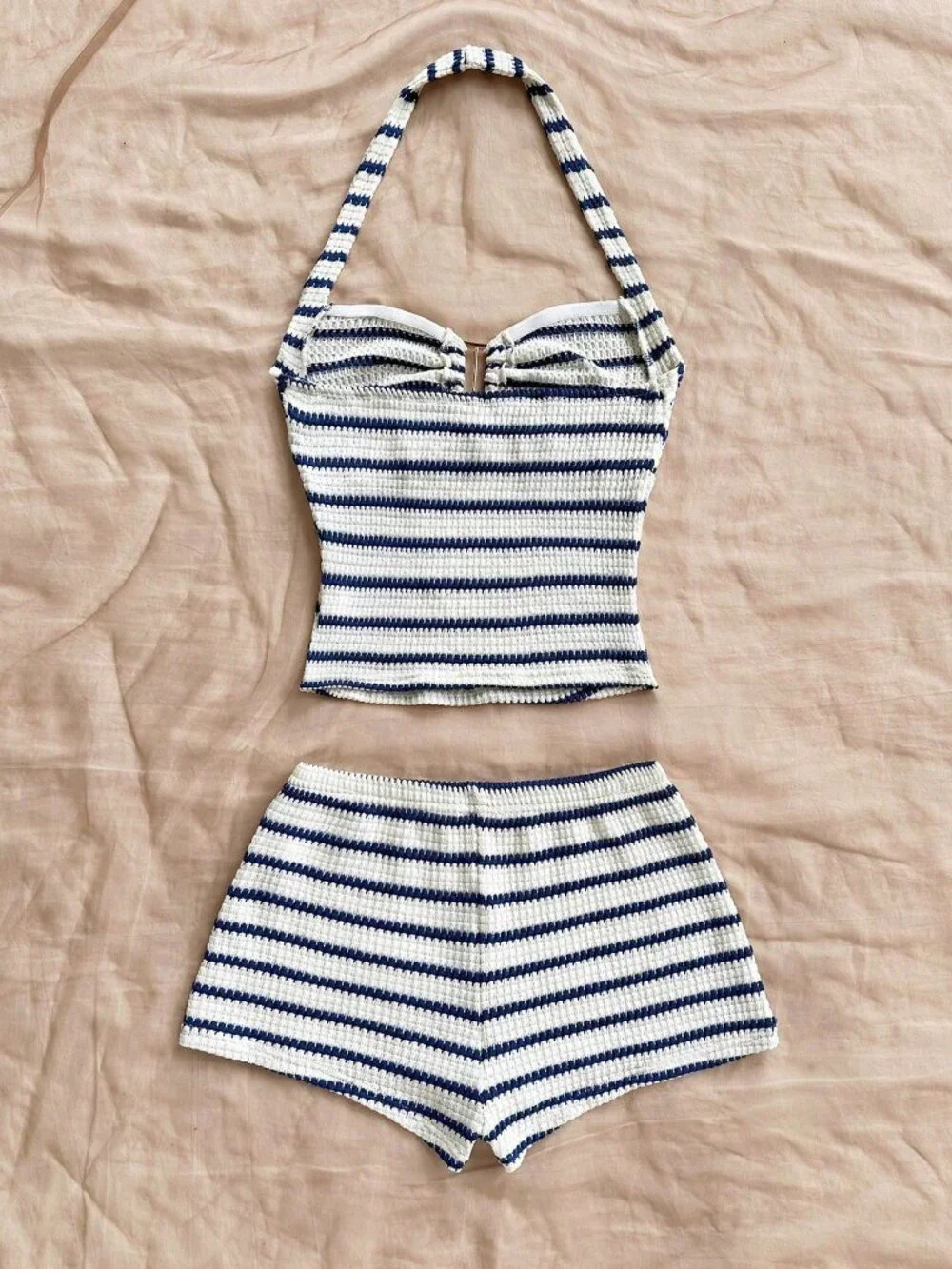 Blue And White Casual Women's Vacation Striped Halter Top And Shorts coord Set
